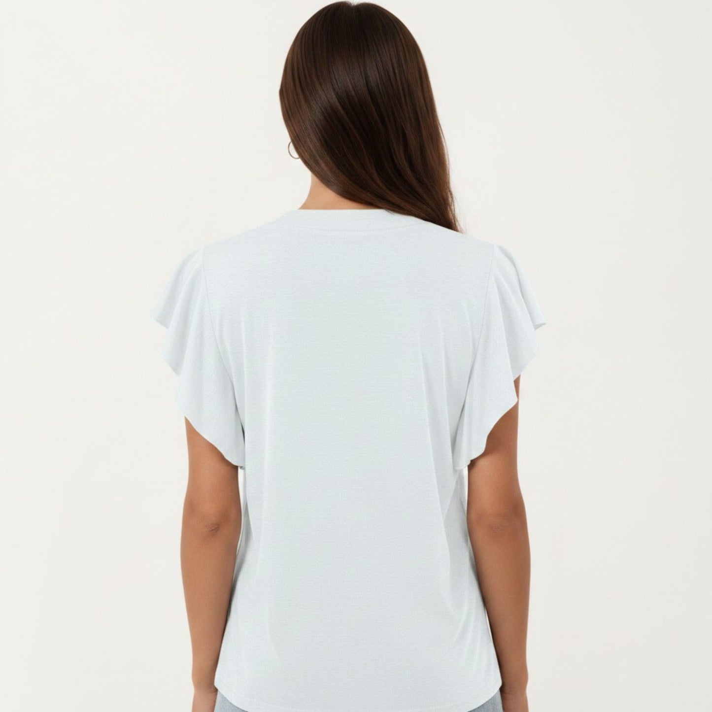 Short Sleeve Top with Flutter Ruffle Sleeves and Split V Neck Relaxed Fit Casual Shirt