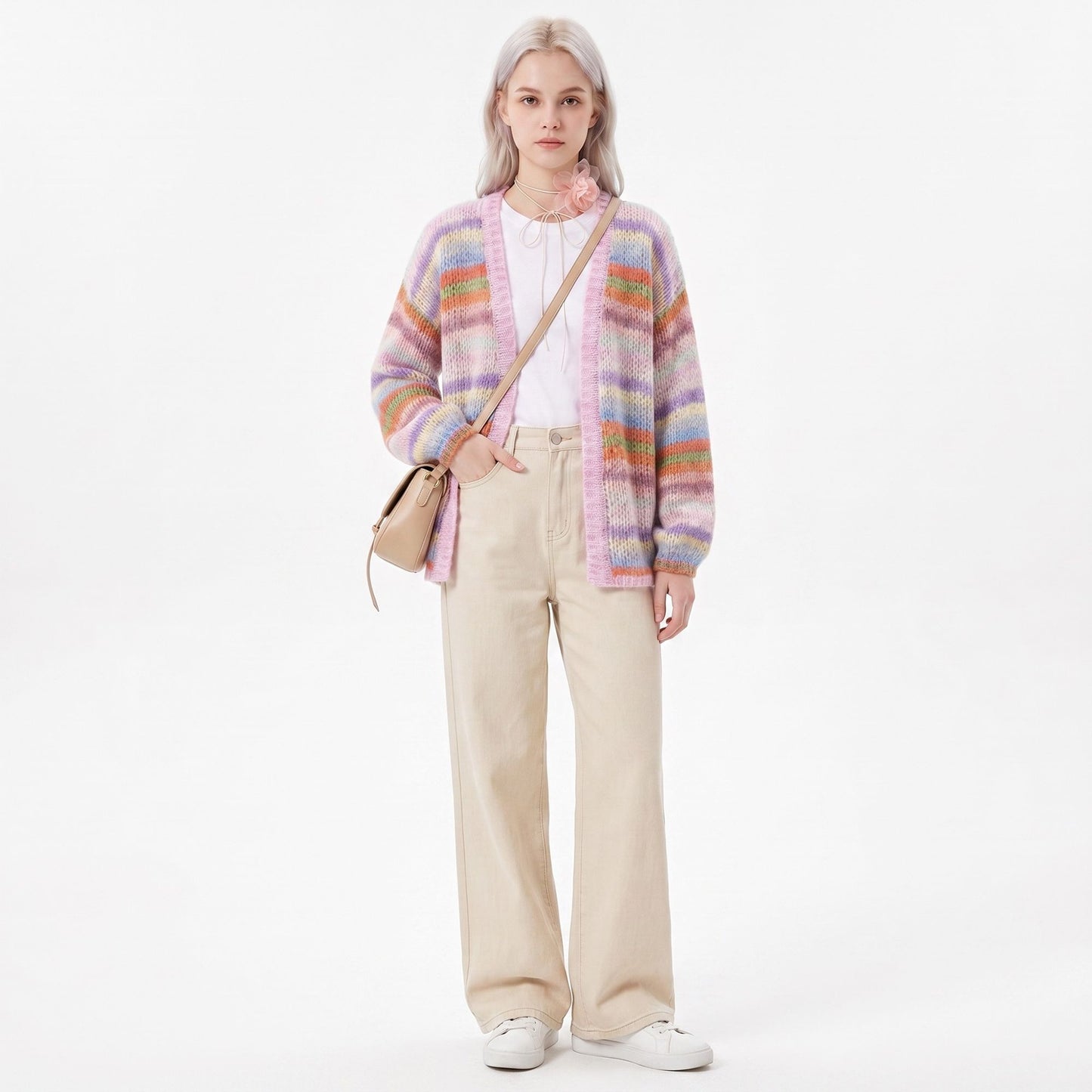 Multicolor Striped Open Front Knit Cardigan Sweater