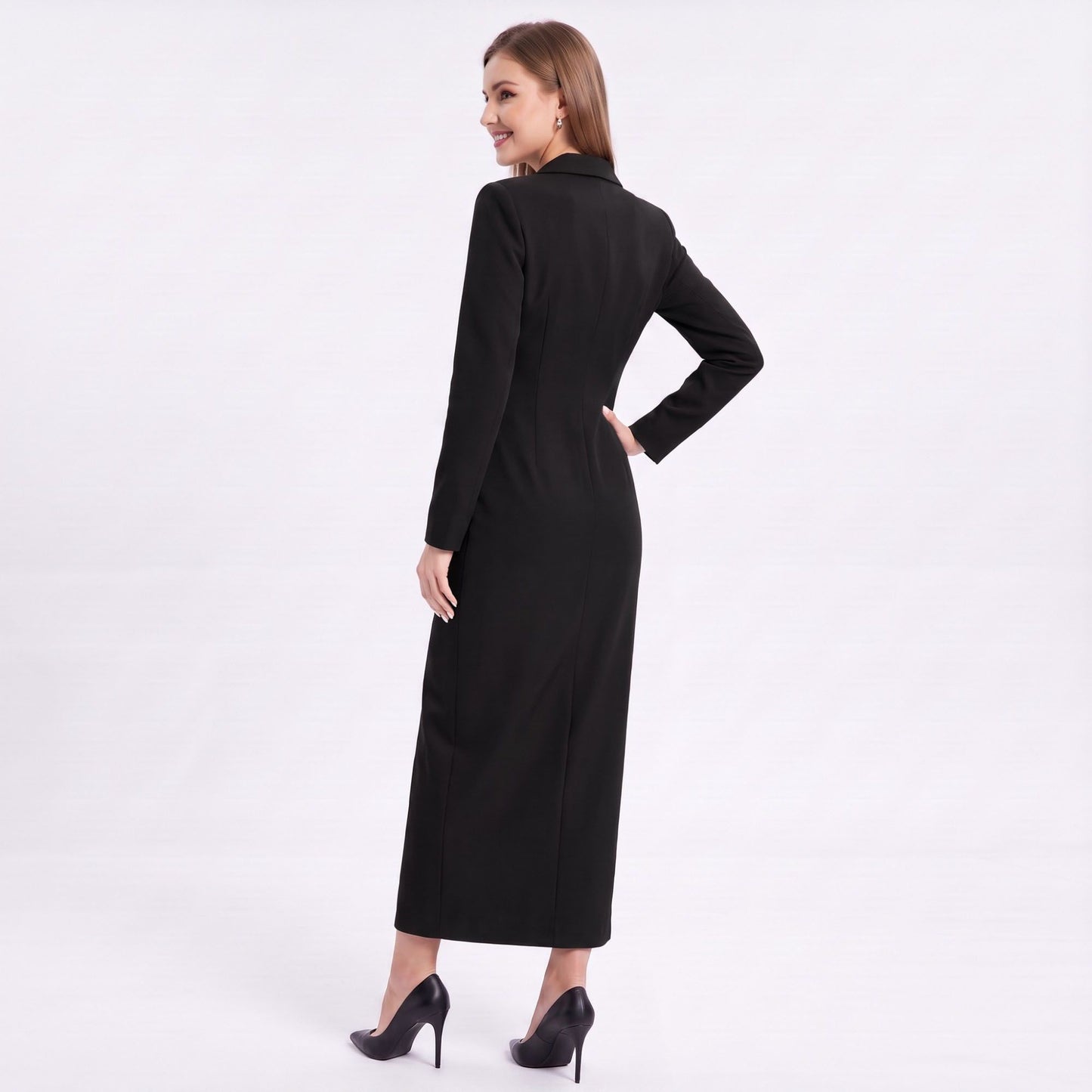 Long Sleeve Blazer Maxi Dress with Notched Lapels and Front Slit