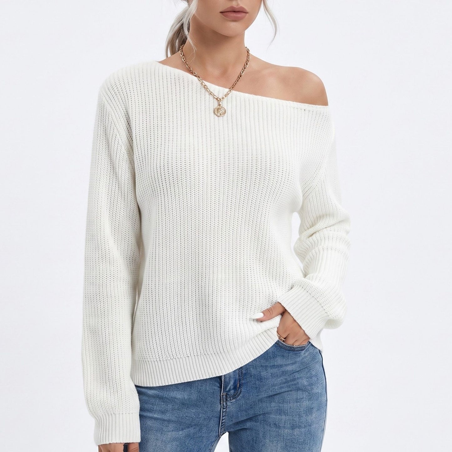 Oversized Off Shoulder Long Sleeve Knit Pullover Sweater