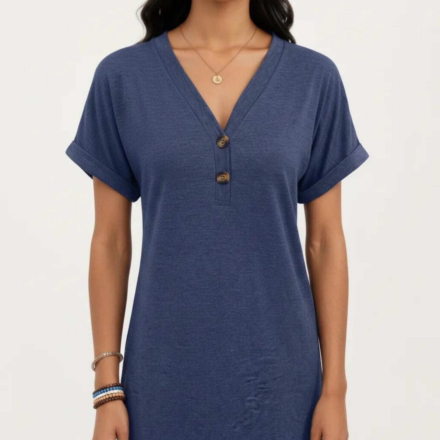 Short Sleeve V Neck Shift Dress with Button Detail Relaxed Fit Casual Tunic Dress