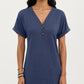 Short Sleeve V Neck Shift Dress with Button Detail Relaxed Fit Casual Tunic Dress