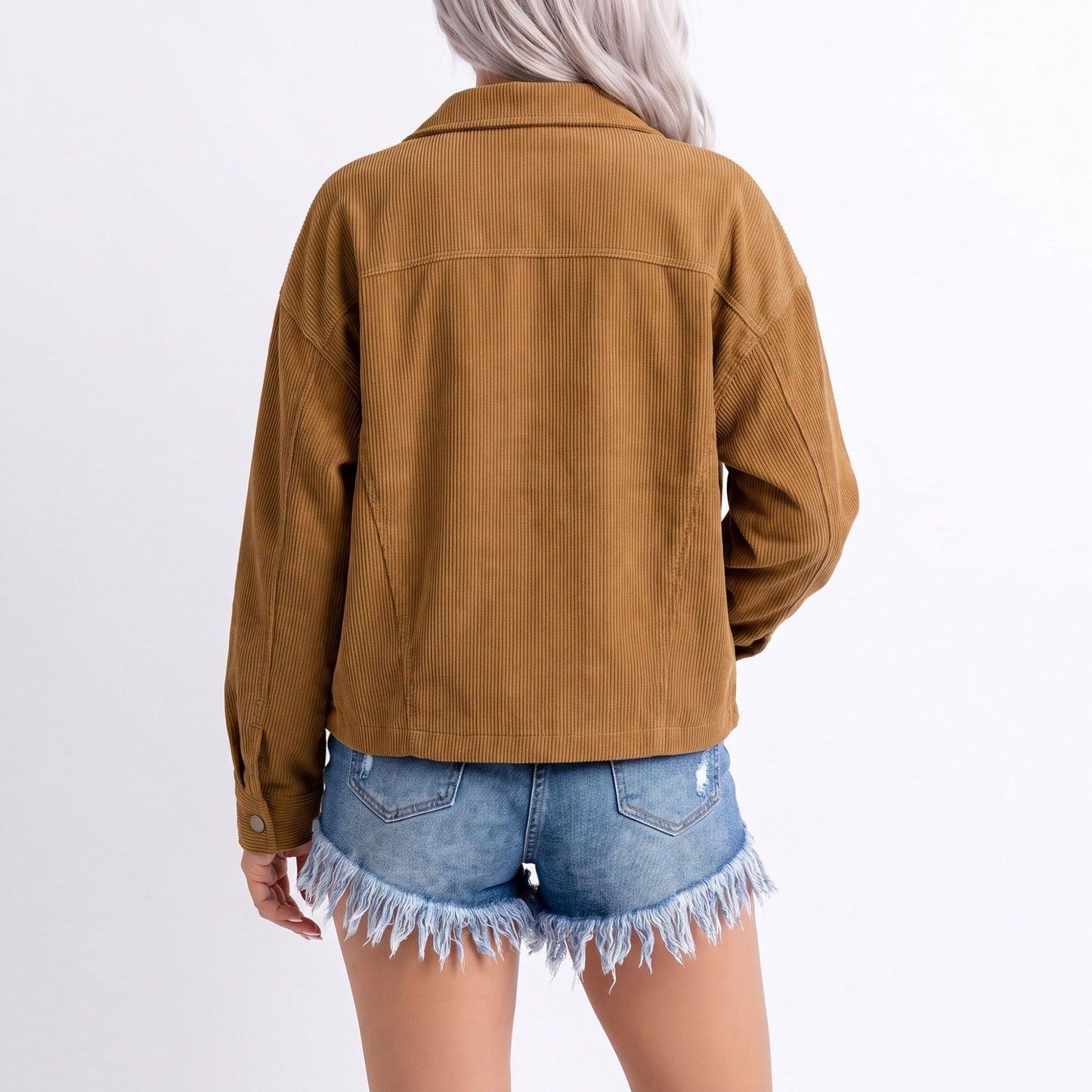 Cropped Button Front Shirt Jacket with Patch Pockets
