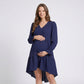 Maternity V Neck High Low Mini Dress with Long Sleeves and Tiered Hem