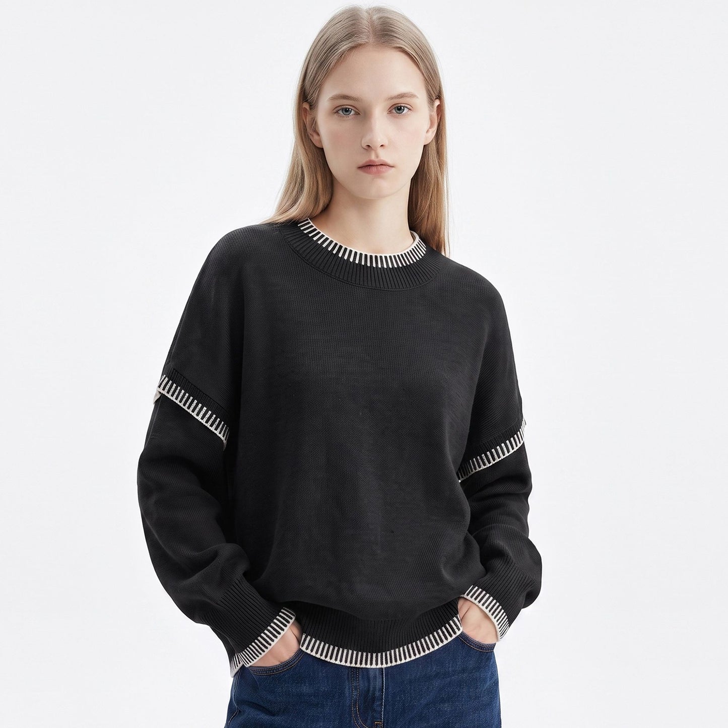 Contrast Stitch Crewneck Long Sleeve Knit Sweater