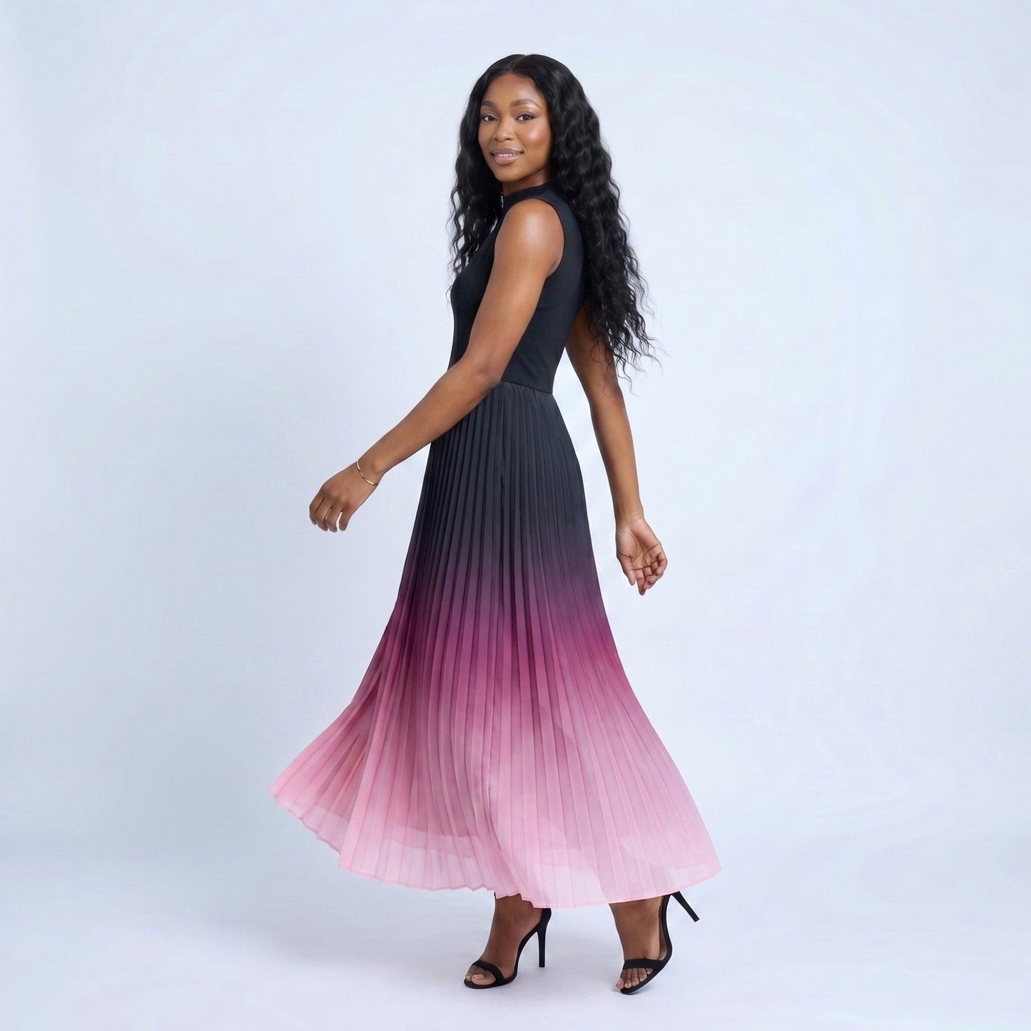 Sleeveless High Neck Pleated Ombre A-Line Maxi Dress with Flowy Skirt