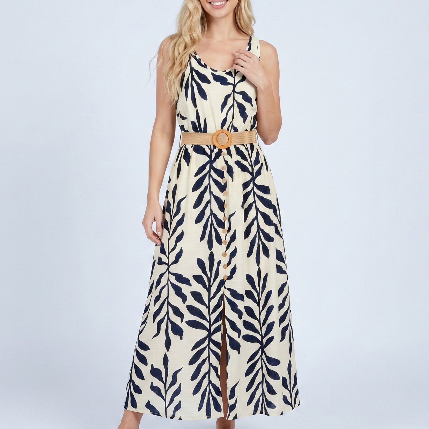Sleeveless Leaf Print Button Front Belted Maxi Dress