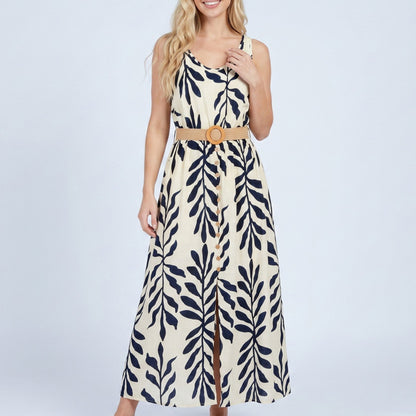 Sleeveless Leaf Print Button Front Belted Maxi Dress