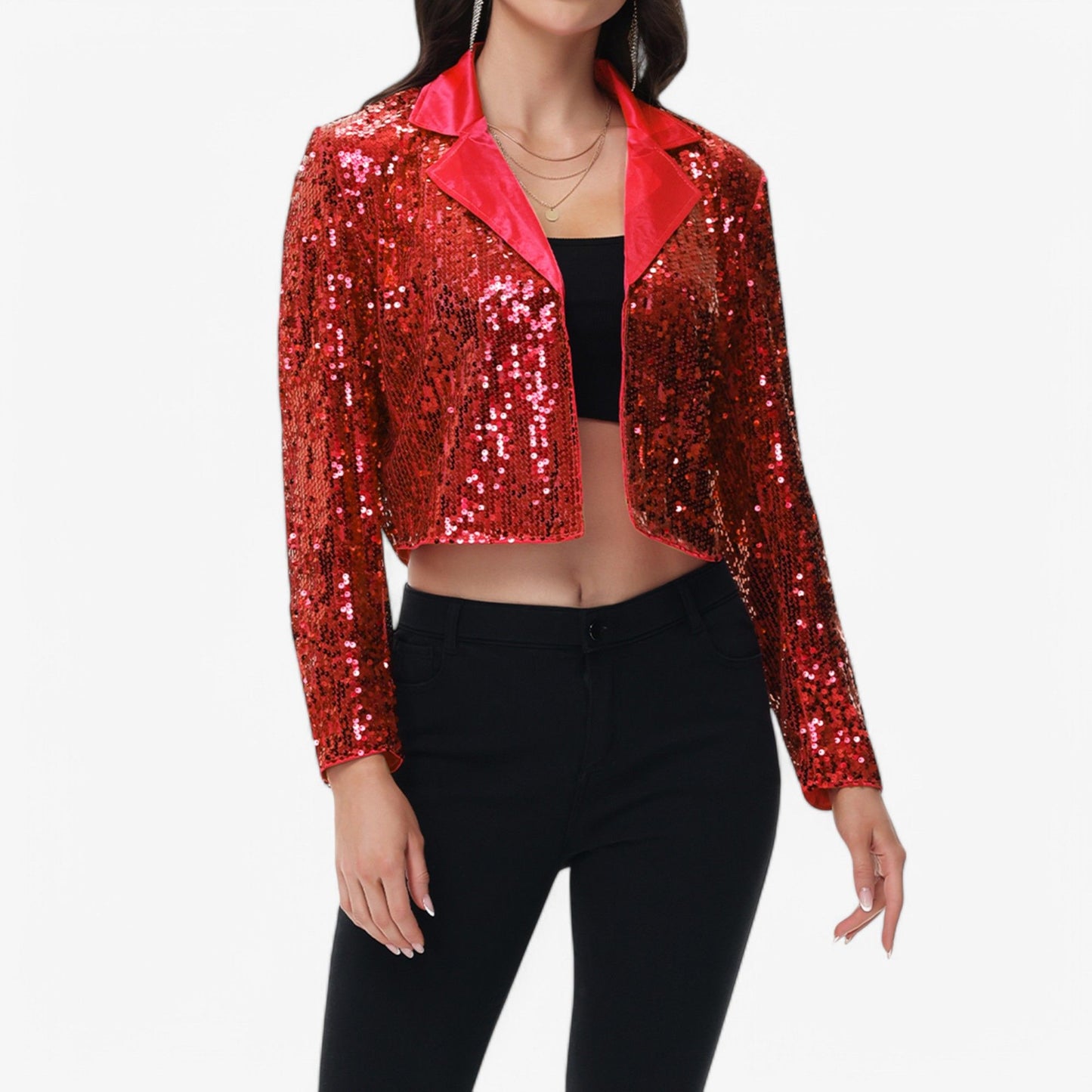 Sequin Cropped Blazer Long Sleeve Sparkly Open Front Jacket