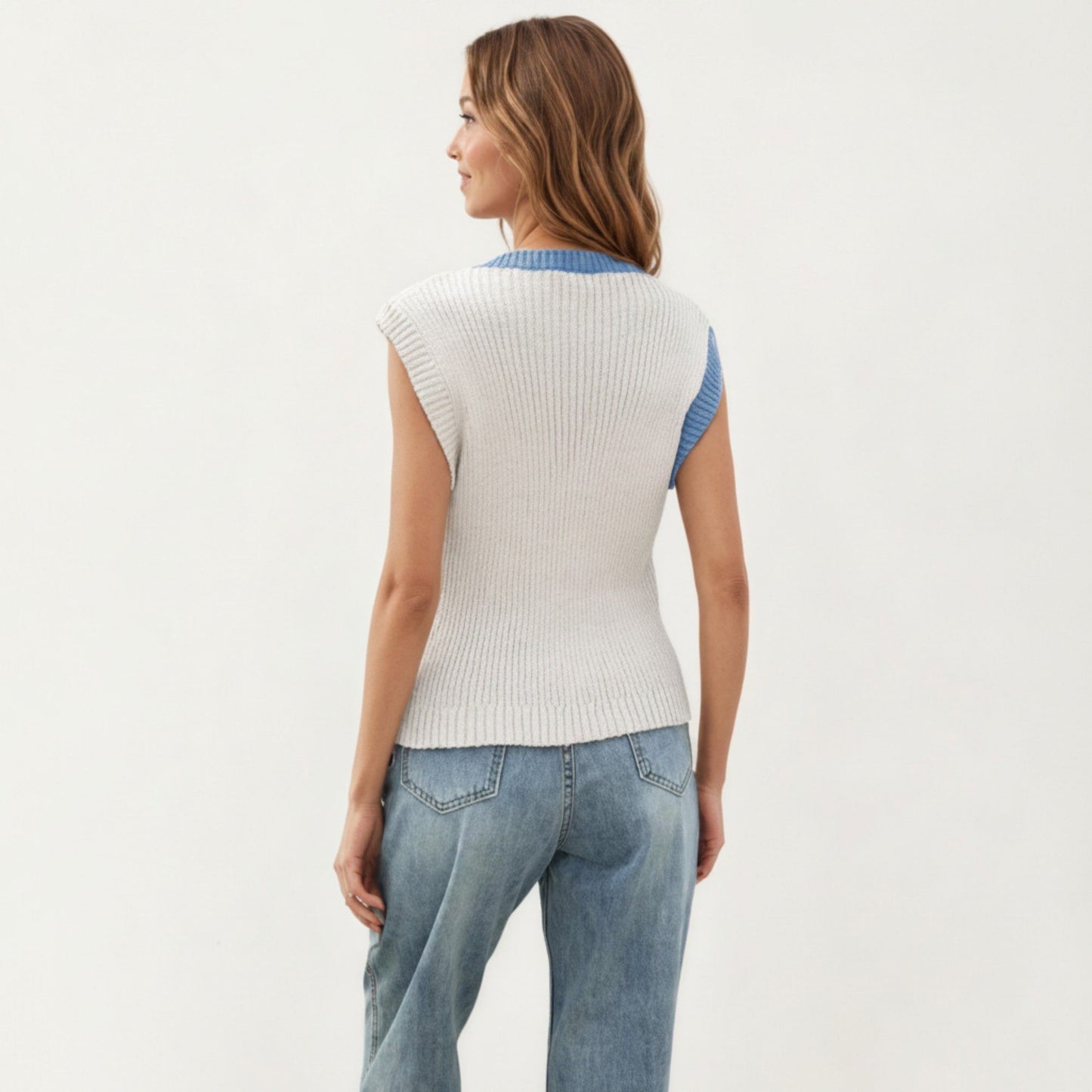 Sleeveless Colorblock Knit Vest with Button Front and Ribbed Trim