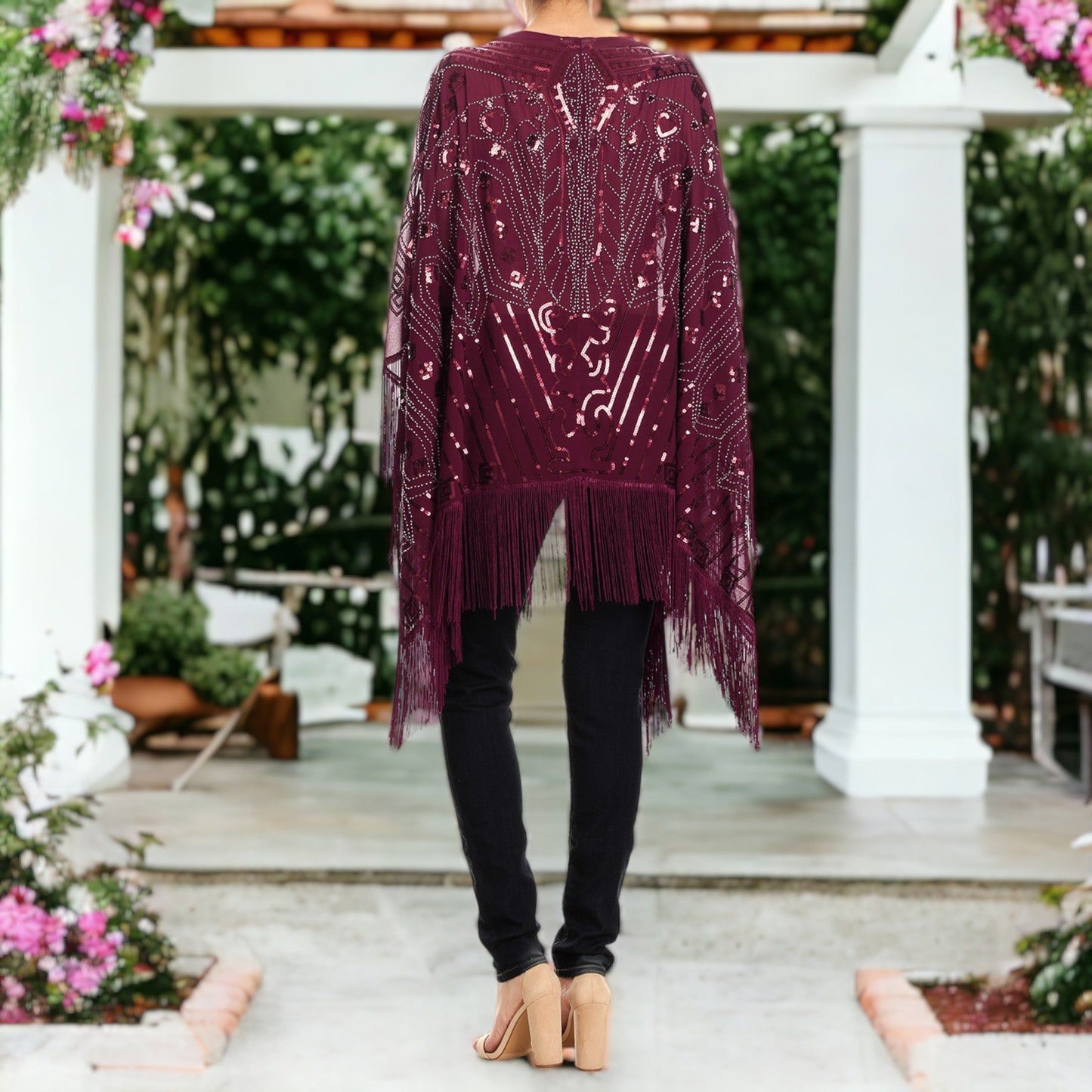 Semi Sheer Boho Sequin Fringe Sparkle Drop Shoulder Shrug