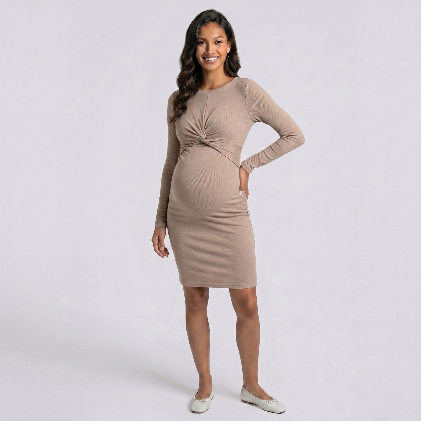 Maternity Ribbed Long Sleeve Bodycon Dress with Front Twist Detail