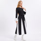 Color Block Belted Long Sleeve Fit and Flare Midi Dress