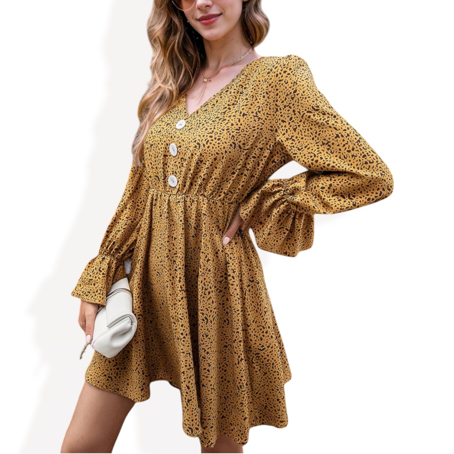 Long Sleeve Button-Front Dress with Flared Cuffs