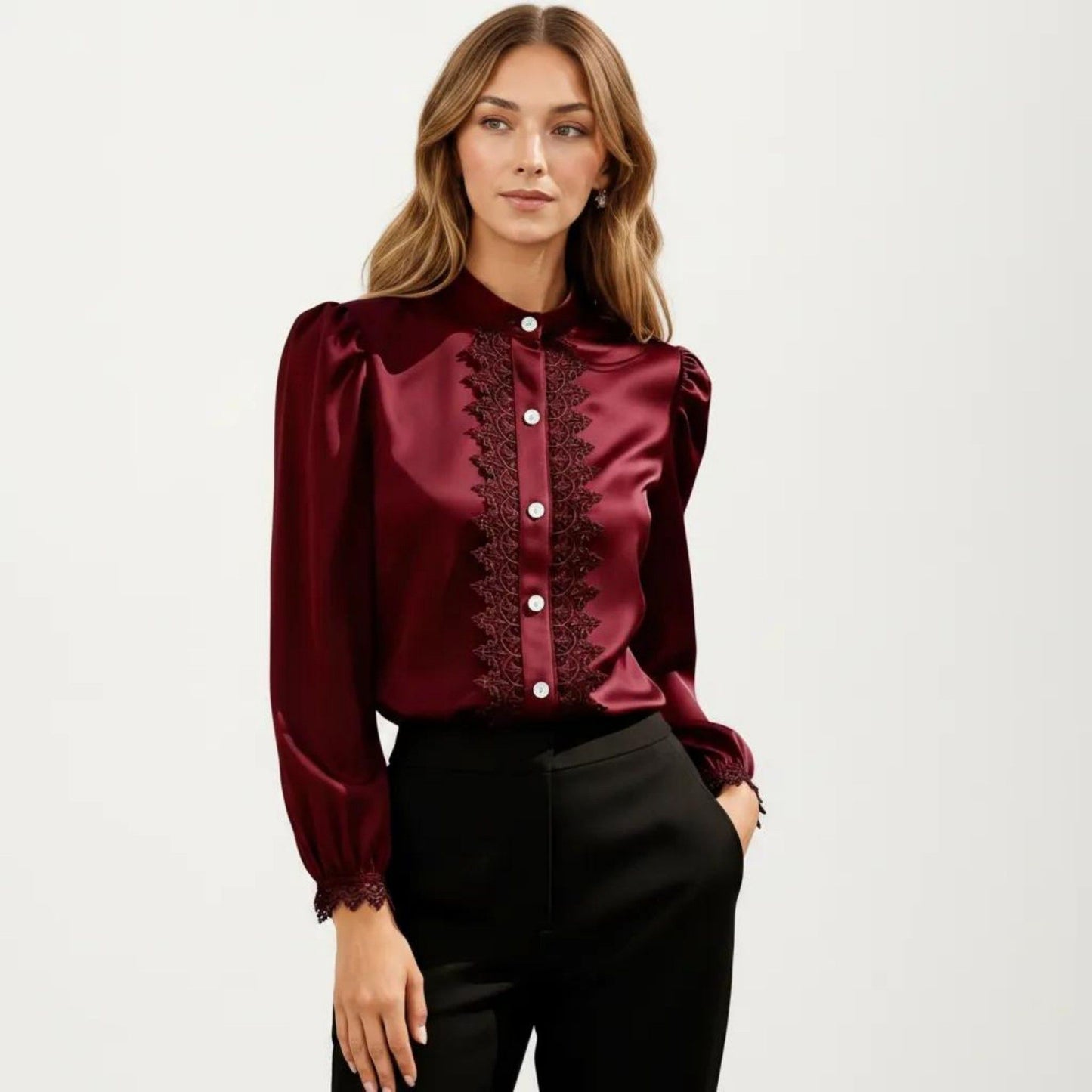 Long Sleeve Blouse with Lace Trim Front and Puff Sleeve Cuffs