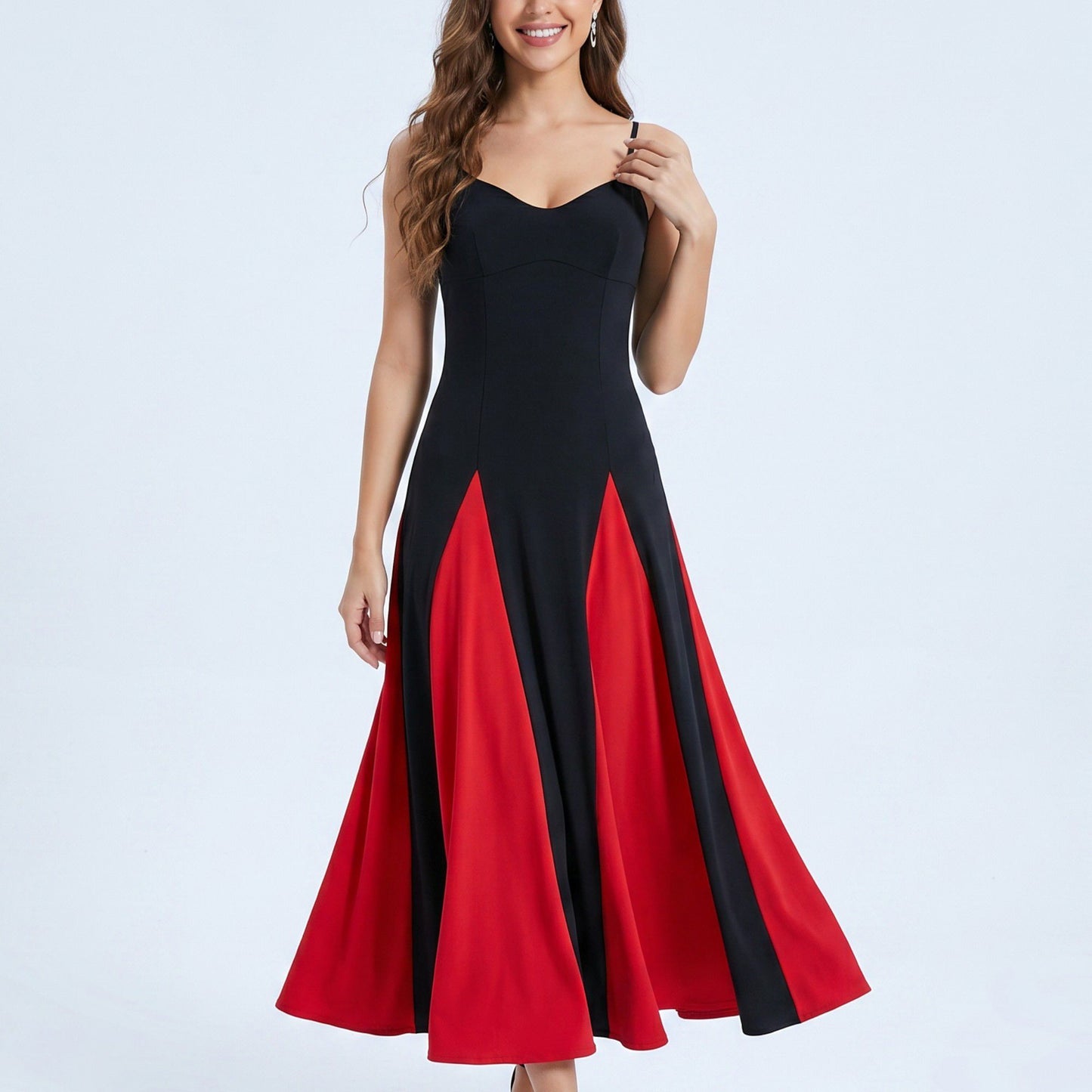 Spaghetti Strap Colorblock Fit and Flare Midi Dress