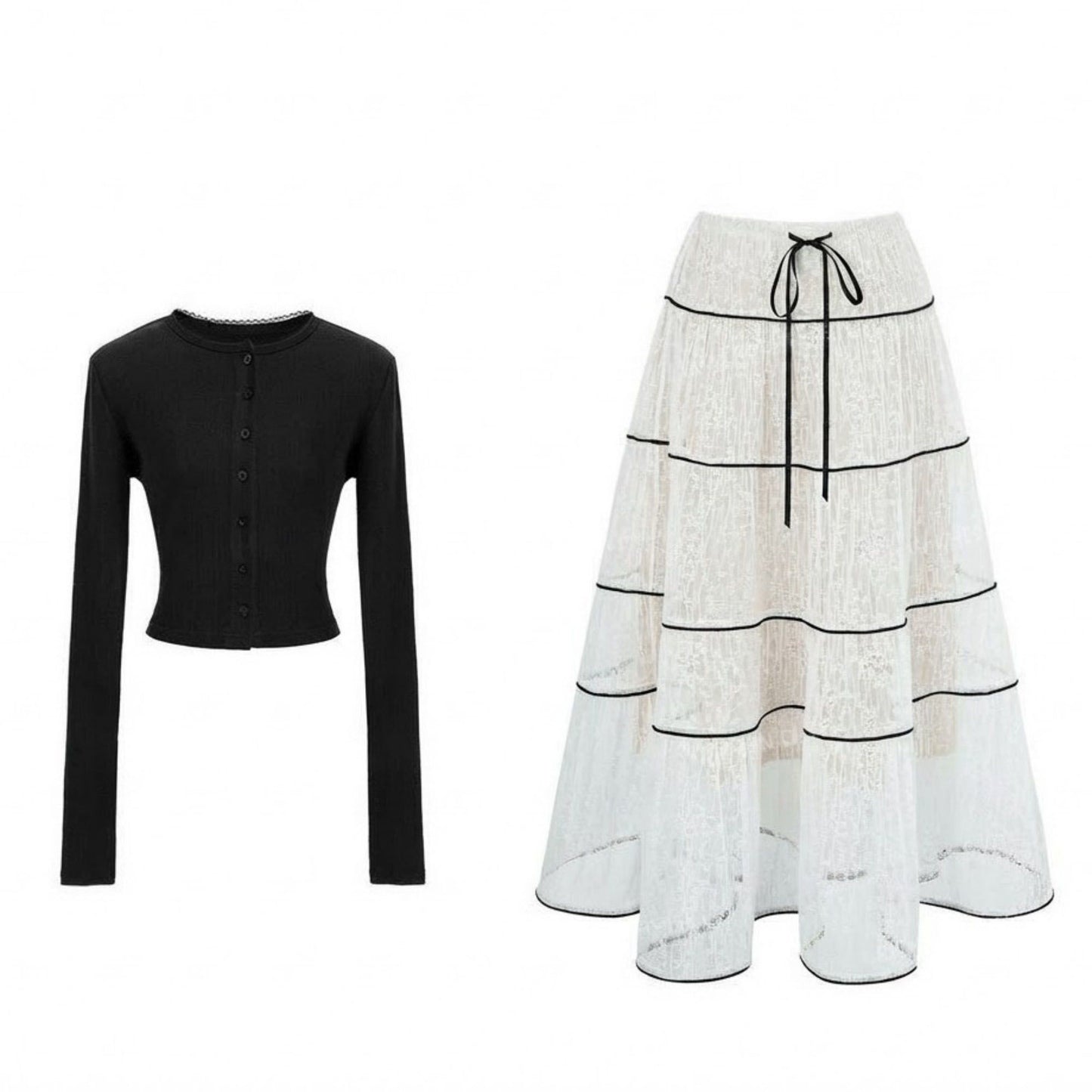 2 Piece Set Long Sleeve Crop Top Button Front Tiered Lace Maxi Skirt Outfit
