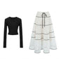 2 Piece Set Long Sleeve Crop Top Button Front Tiered Lace Maxi Skirt Outfit