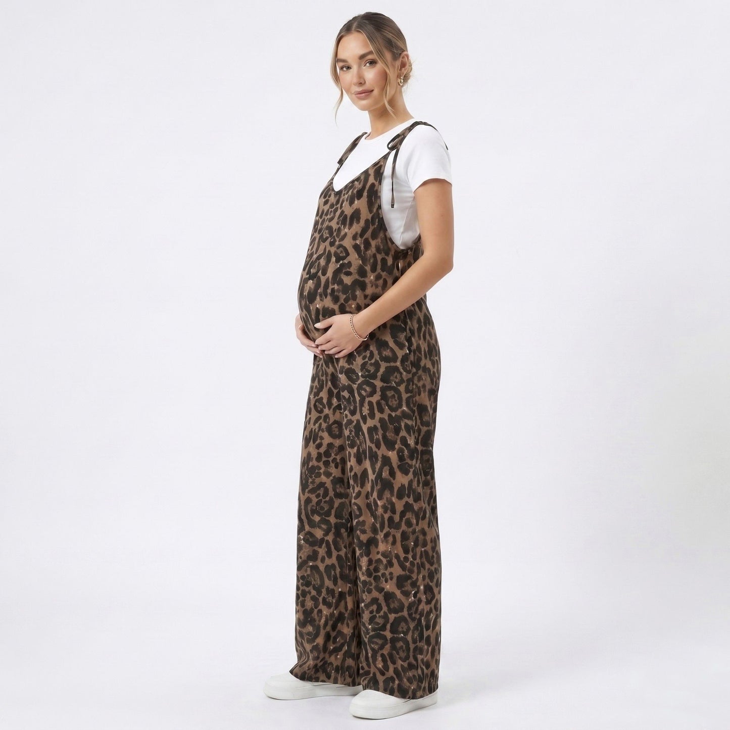 Maternity Leopard Print Wide Leg Jumpsuit with Tie Shoulder Straps and Layered Tee Look