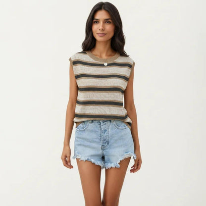 Sleeveless Striped Knit Top with Shoulder Button Detail and Relaxed Fit