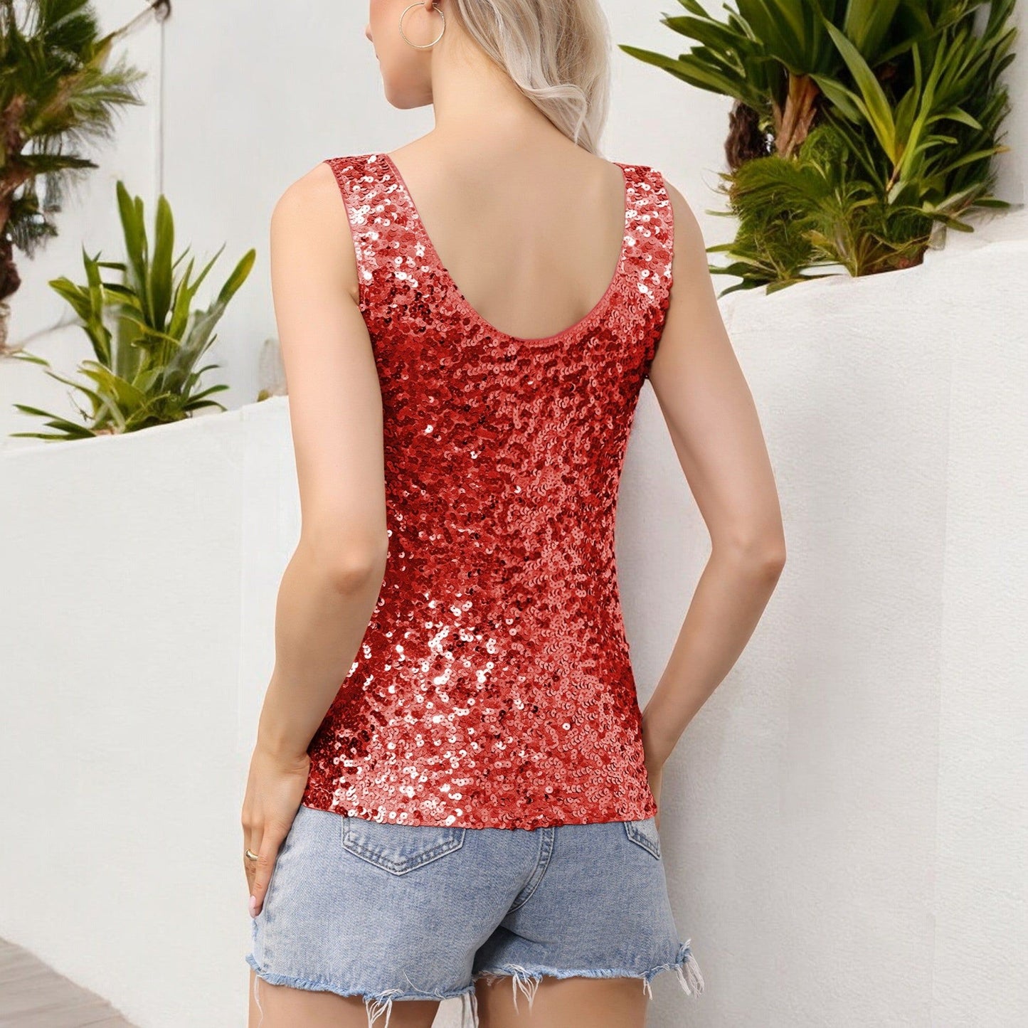 Sleeveless Sequin Tank Top V-Neck Sparkly Party Shirt