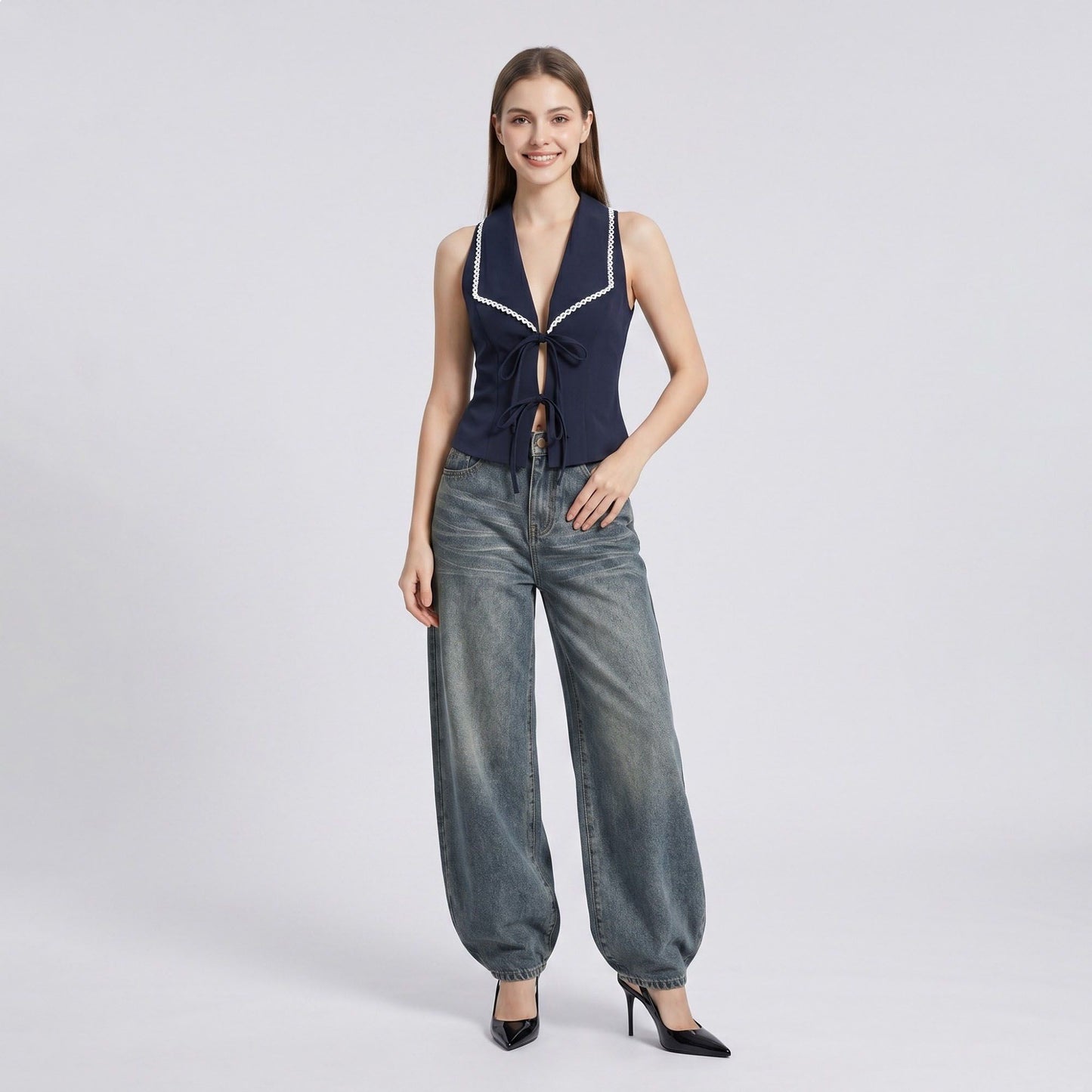 Tie-Front Sleeveless Vest Top V-Neck Lace Trim Tailored Blouse
