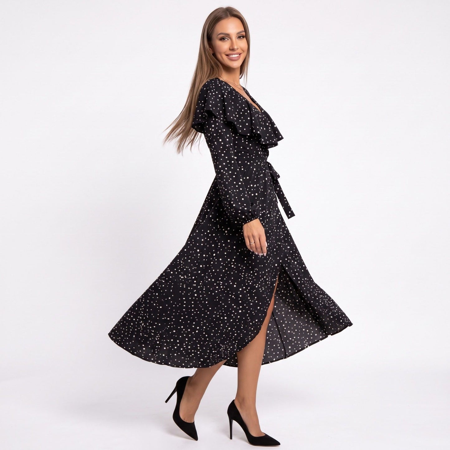 Polka Dot Maxi Dress Ruffle V Neck Long Sleeve Tie Waist Wrap Style Dress