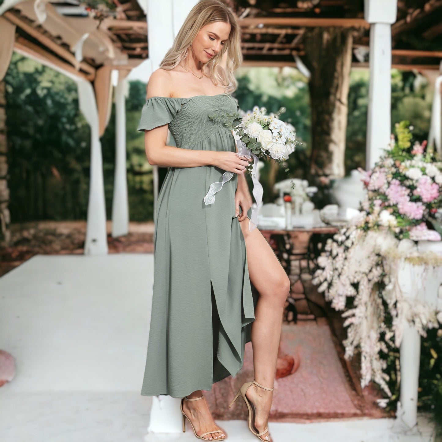 Ruffled Cap Sleeve Maxi Slit Dress