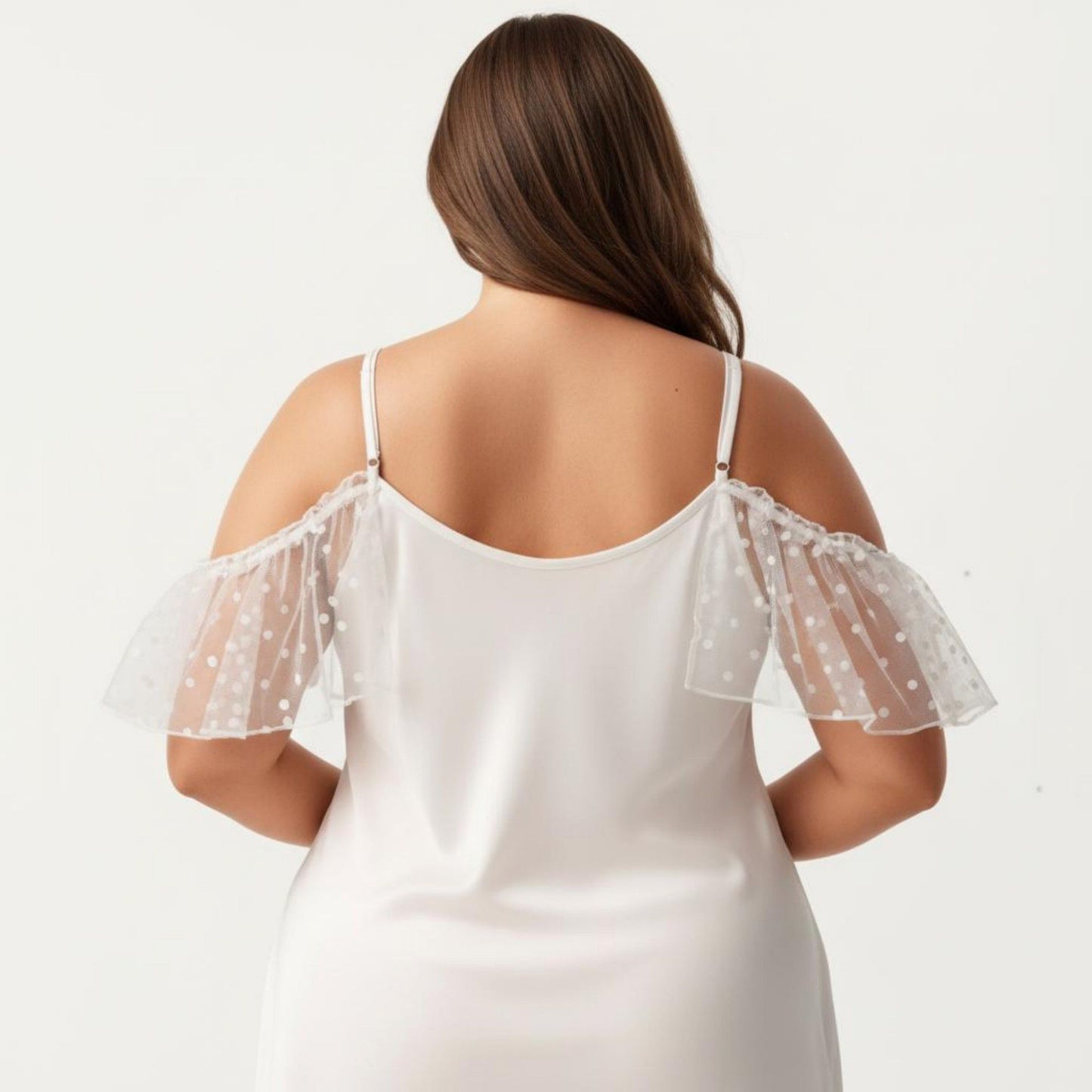 Plus Size Chiffon Chemise Ruffle Sleeve Lace Trim Nightgown Adjustable Strap Sleep Dress