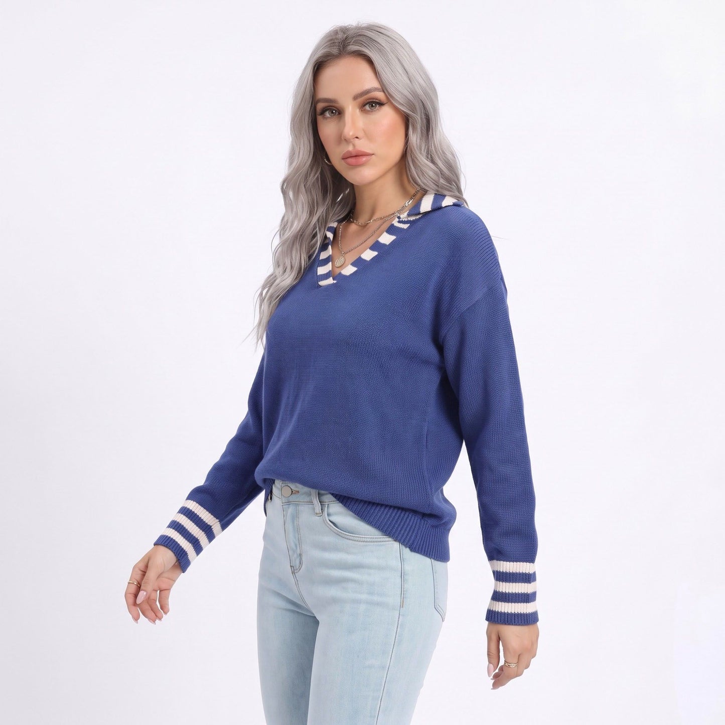 Long Sleeve Collared V Neck Knit Pullover Sweater