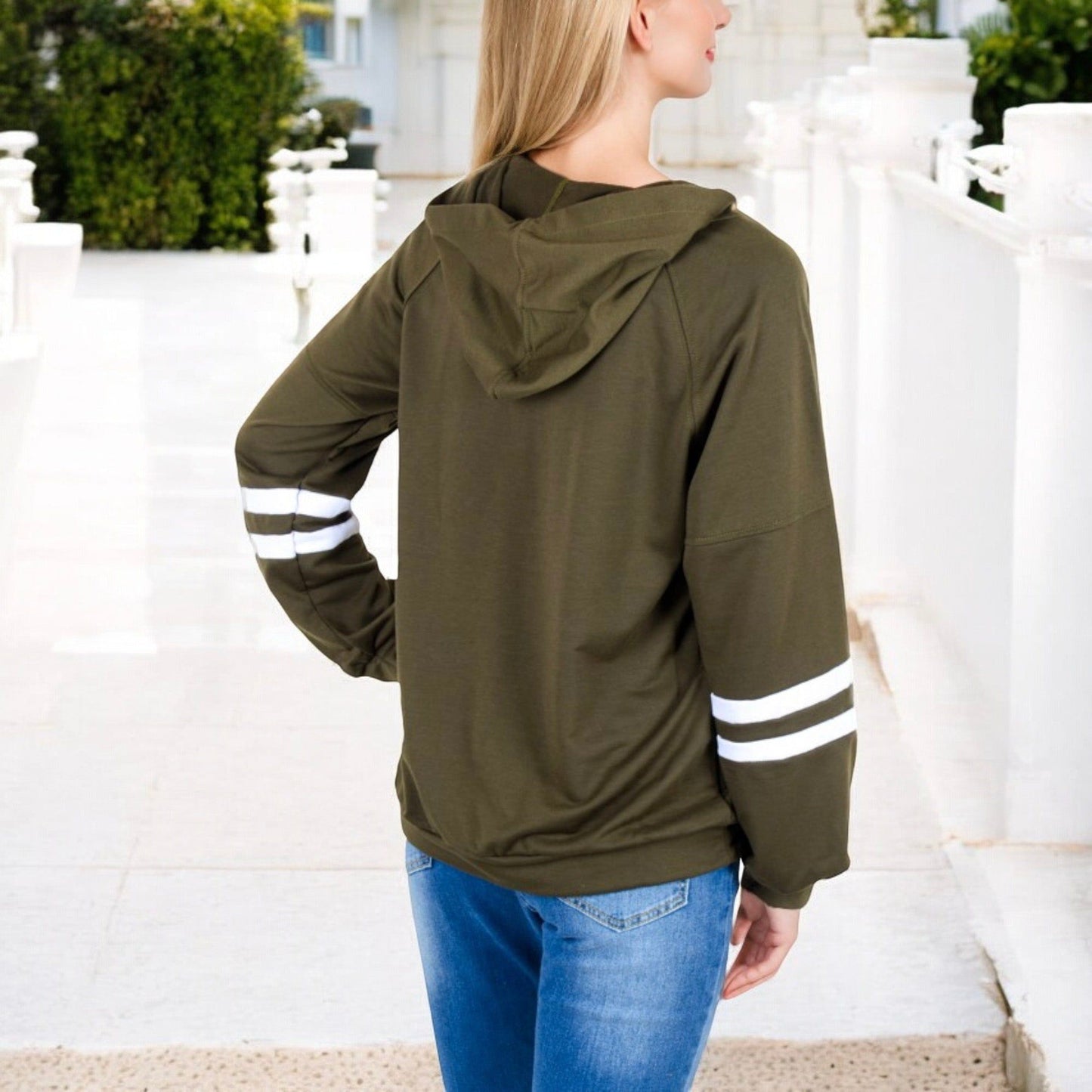 Button-Front Hoodie with Stripe Sleeve Detail Relaxed Fit