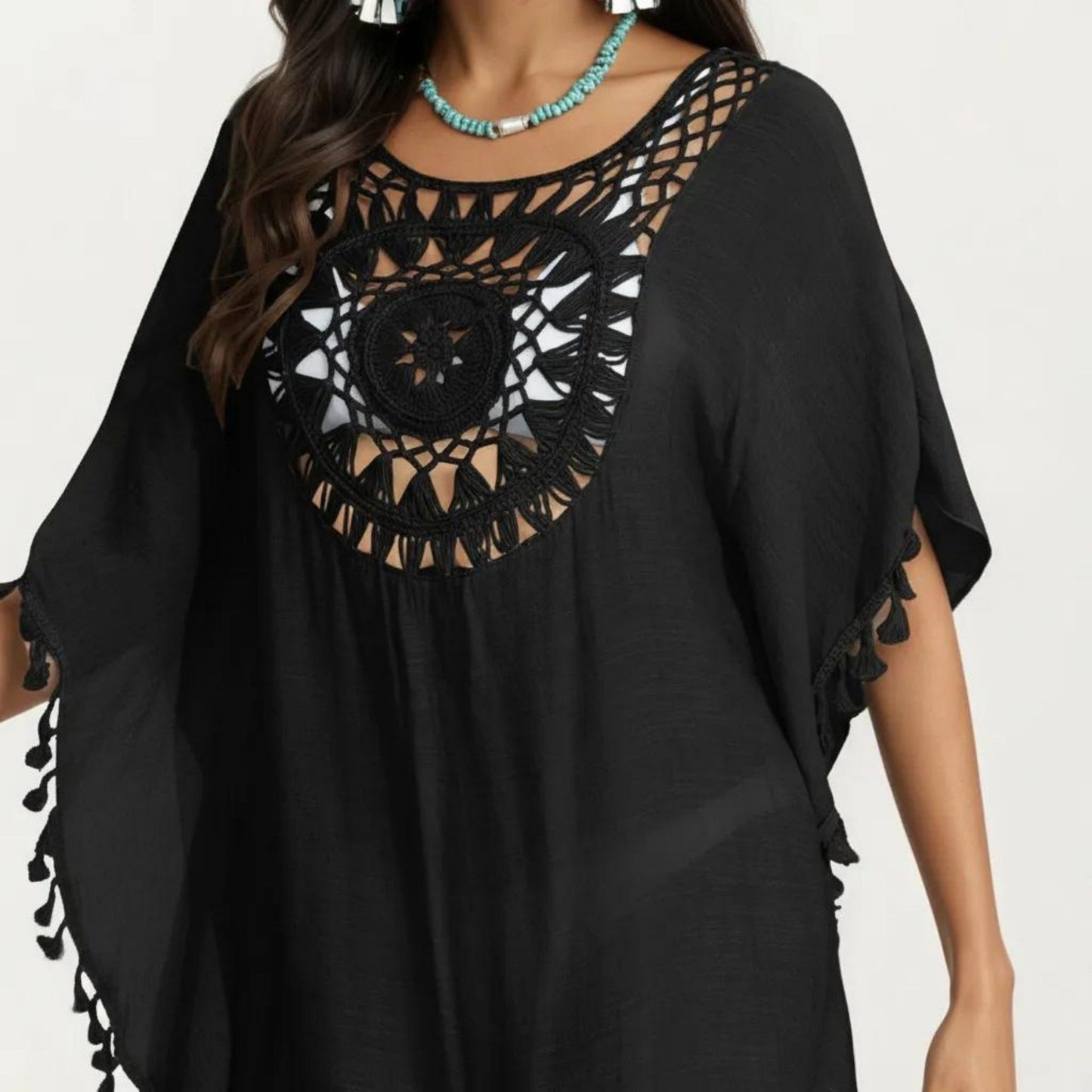 Crochet Medallion Swim Cover Up Dress with Tassel Trim and Relaxed Boho Silhouette