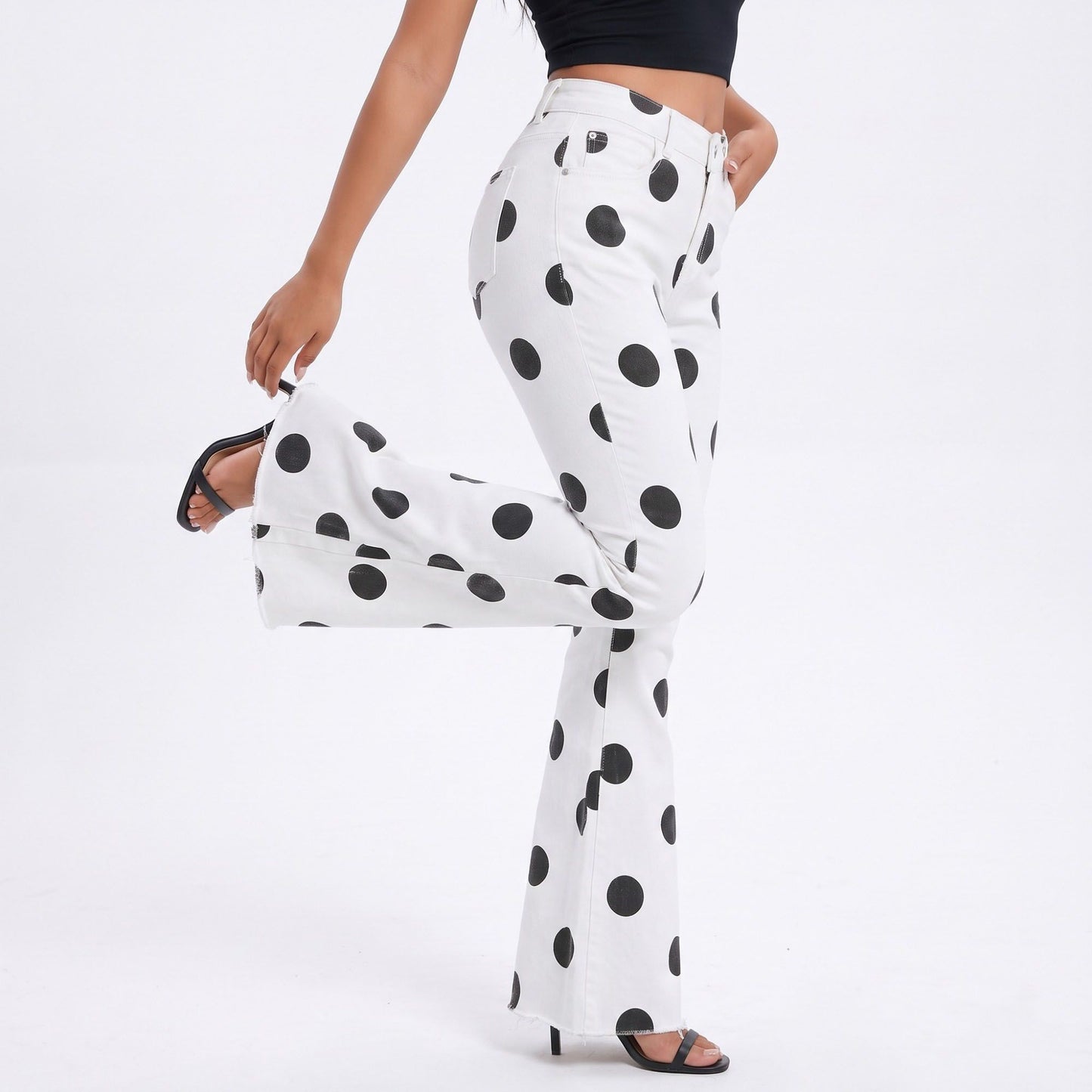 Polka Dot Flare Jeans High Rise Stretch Denim Pants