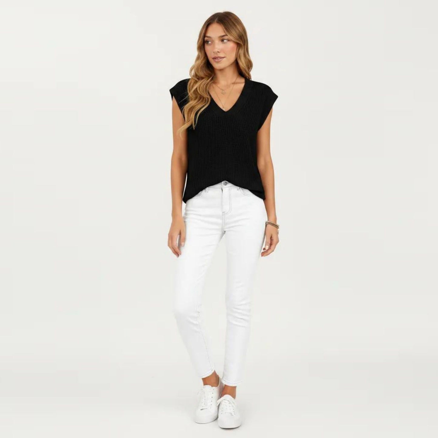 Sleeveless Knit Sweater Vest with V Neck Ribbed Trim Relaxed Fit Textured Pullover Top
