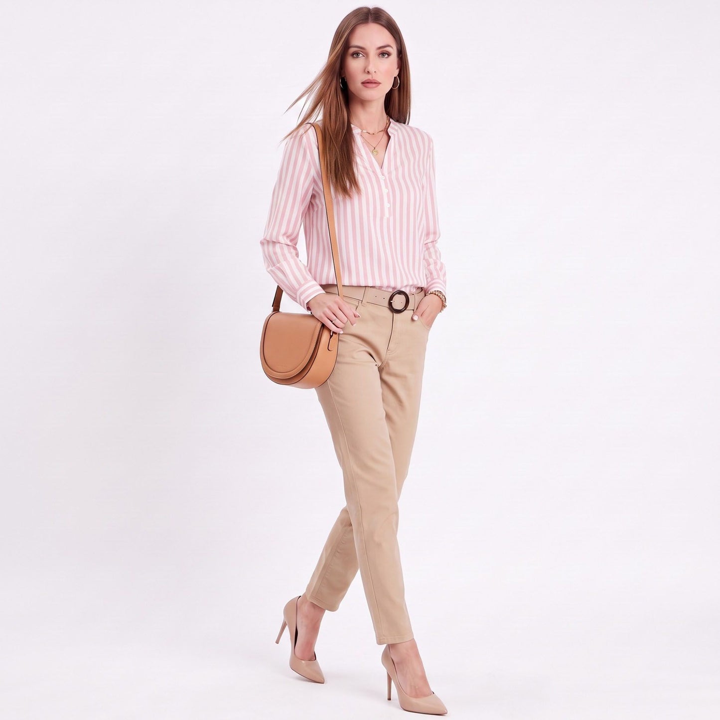 Striped Long Sleeve Split Neck Blouse with Button Placket