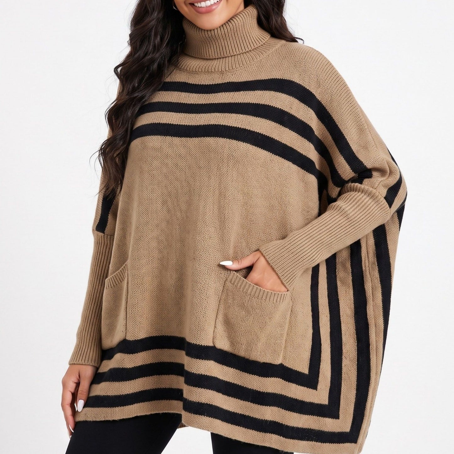 Striped Turtleneck Poncho Sweater with Pockets