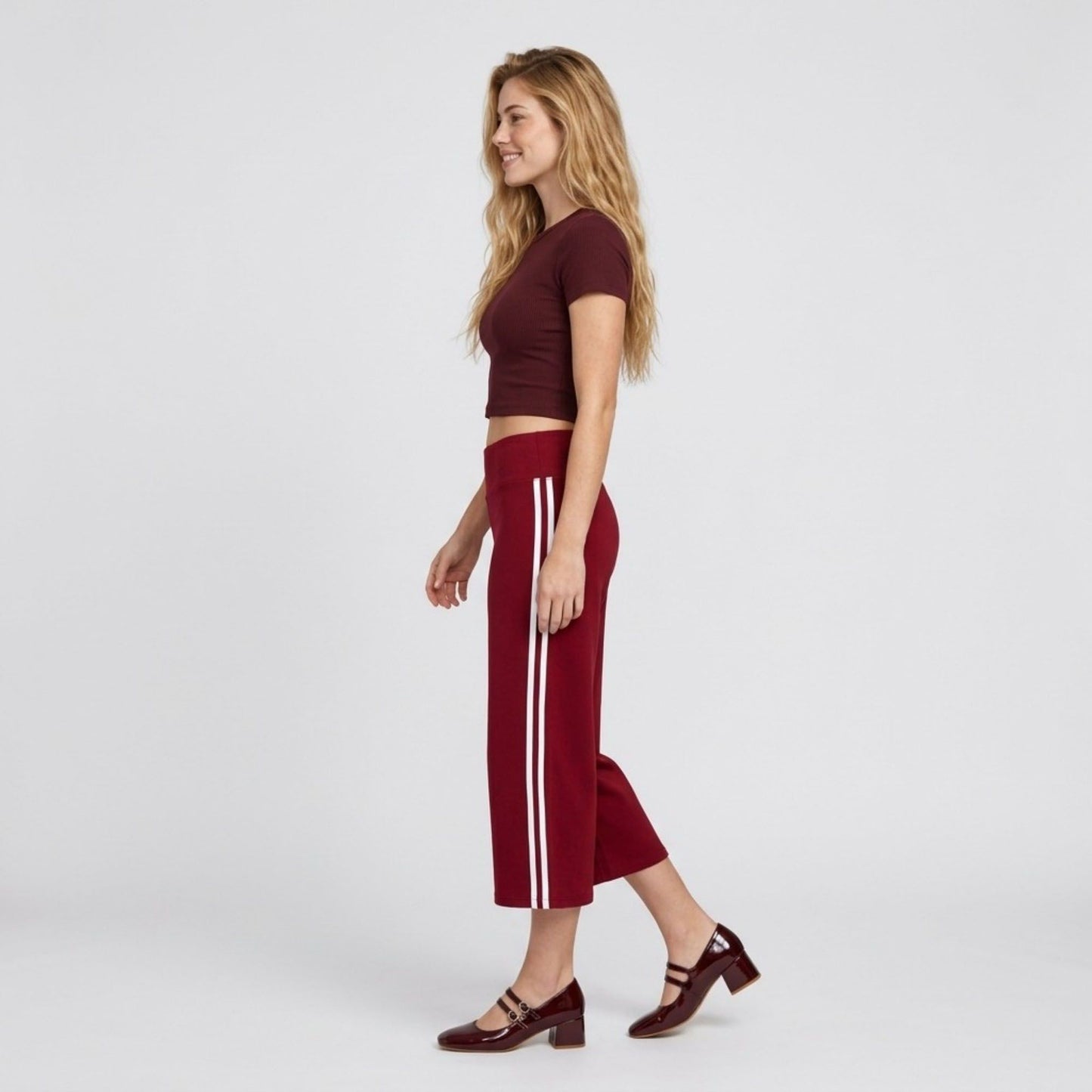Crossover Waistband Side-Stripe Cropped Wide-Leg Trousers