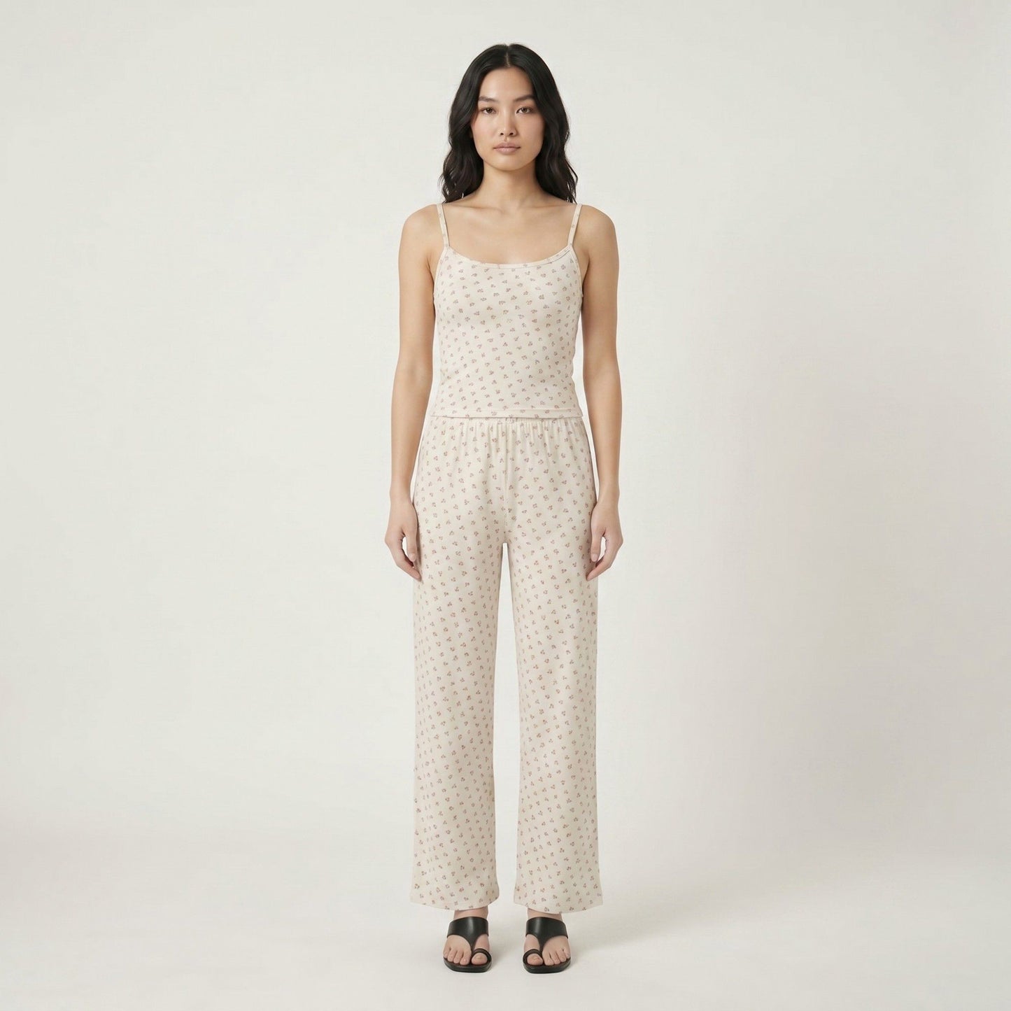 2-Piece Floral Cami Top and Wide Leg Pants Sleepwear Lounge Set with Slim Straps and Relaxed Soft Knit Fit