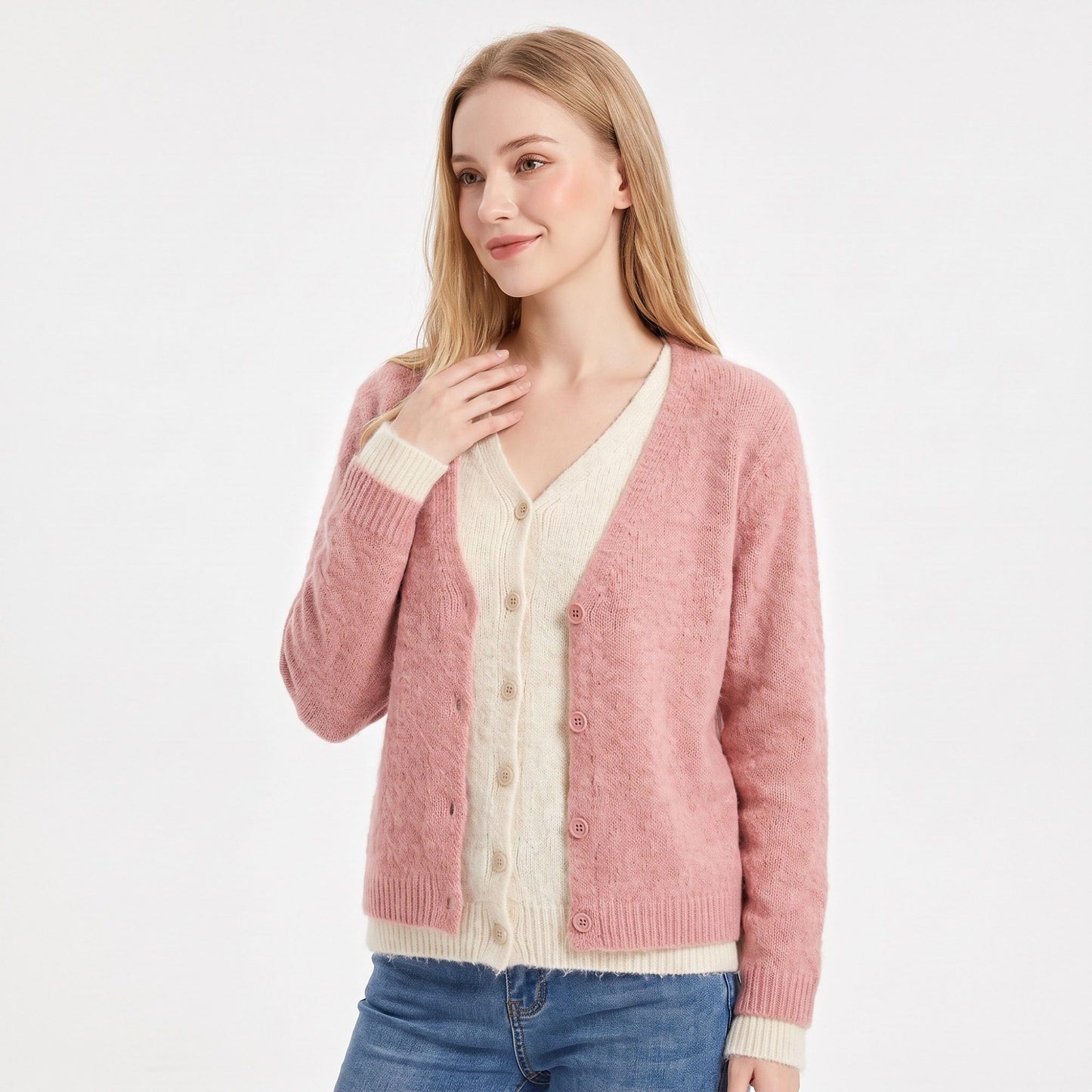 Contrast Trim Layered V Neck Button Front Cardigan