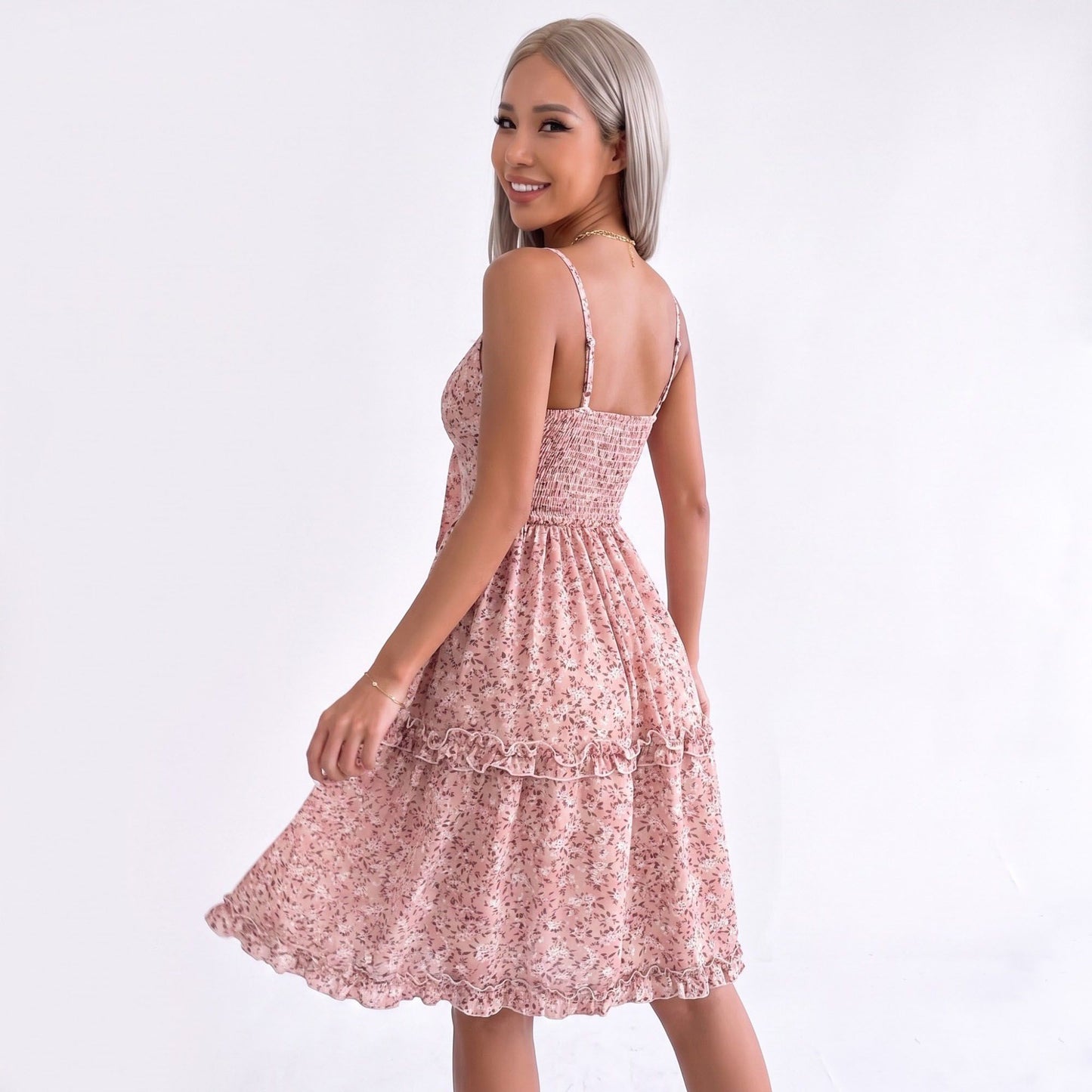 Floral Tie Front Cutout Smocked Ruffle Tiered Dress