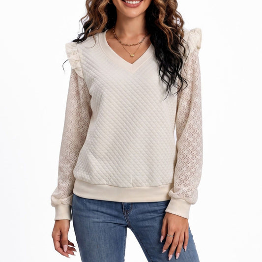 Lace Sleeve V Neck Quilted Ruffle Shoulder Top