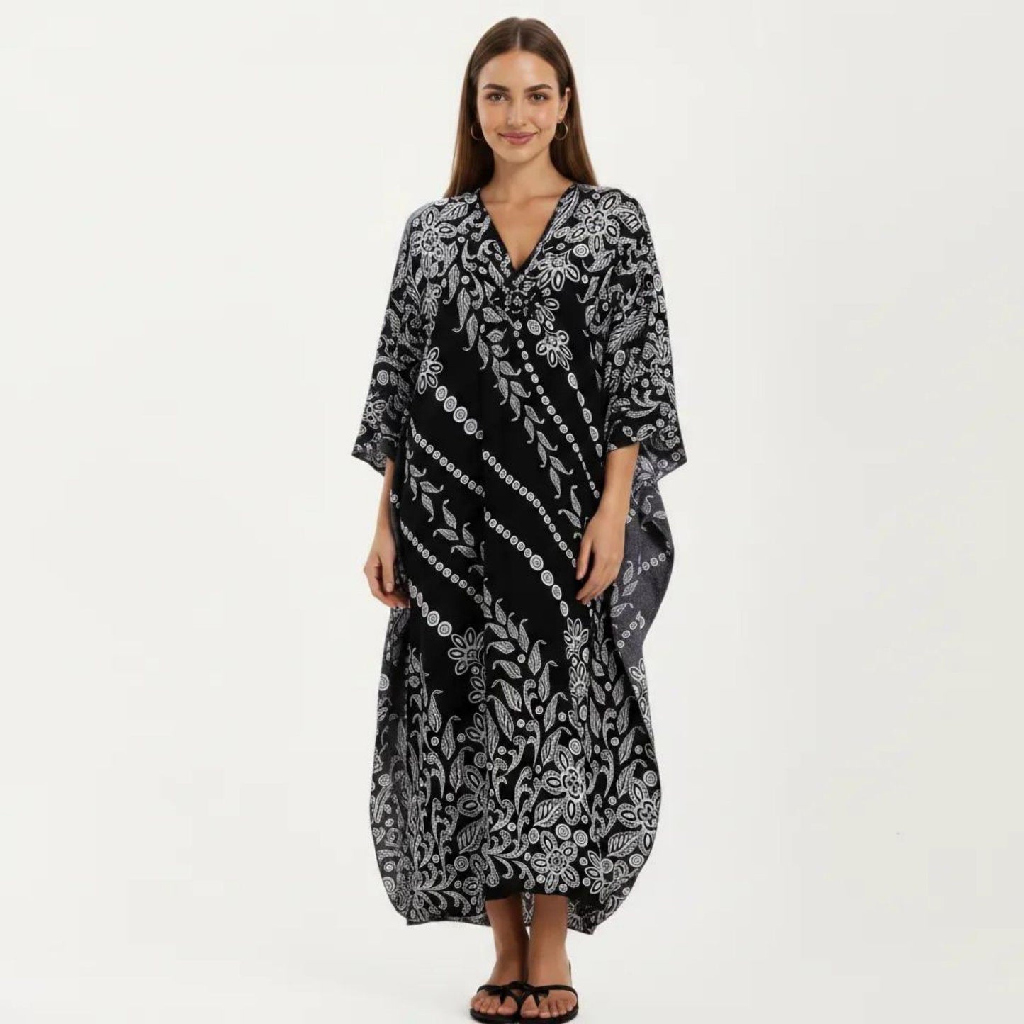 Floral Print Kaftan Maxi Dress with V-Neck Button Front and Flowy Batwing Sleeves