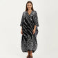 Floral Print Kaftan Maxi Dress with V-Neck Button Front and Flowy Batwing Sleeves