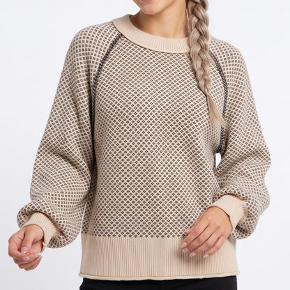Patterned Crewneck Knit Sweater with Chain Accent