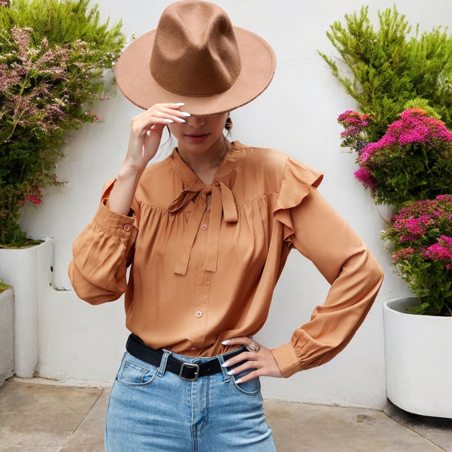 Long Sleeve Button Down Blouse Ruffle Details Bow Tie Neck