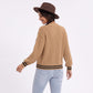 Cutout V Neck Cable Knit Long Sleeve Sweater with Contrast Stripe Trim