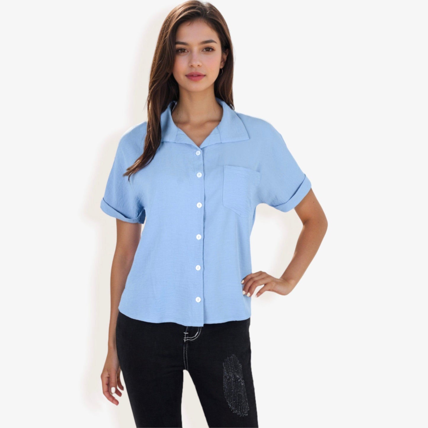 Short Sleeve Button Down Shirt Front Pocket Notched Collar