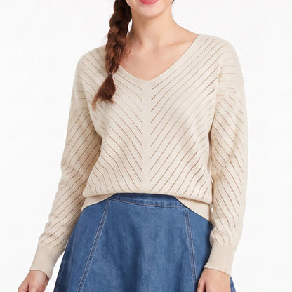 V-Neck Chevron Pointelle Knit Long Sleeve Sweater