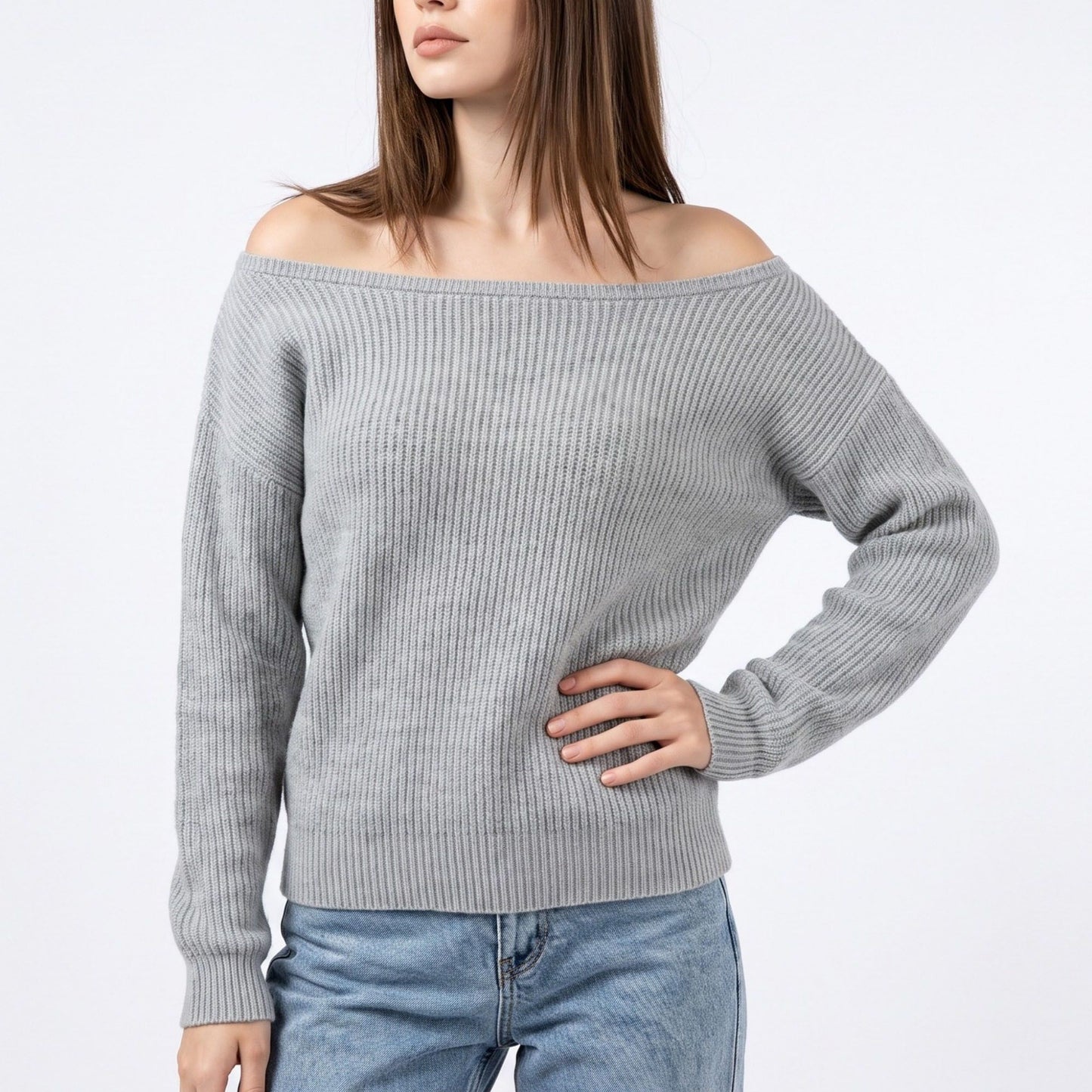 Off Shoulder Ribbed Knit Pullover Sweater
