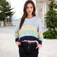 Long Sleeve Distressed Knit V-Neck Sweater with Stripes